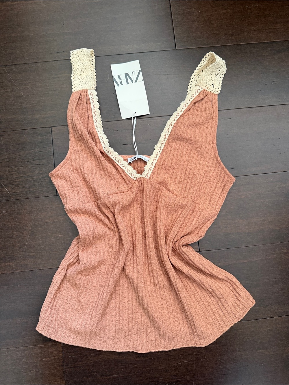 Zara Rust Lace-Trim Ribbed Tank Top